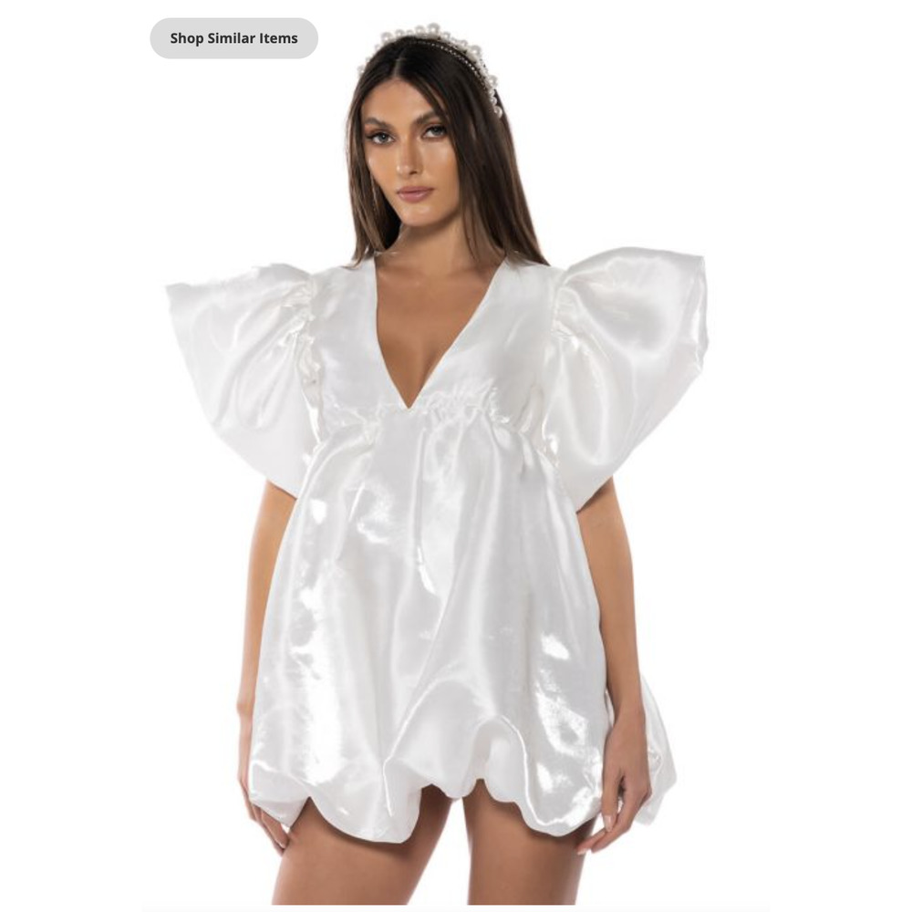 White Satin Feel Babydoll Ruffle Sleeve Dress